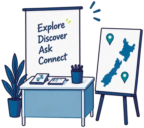 Desk and easel. A poster reads Explore, Discover, Ask, Connect. The easel shows a map of Aotearoa New Zealand with two location pins.