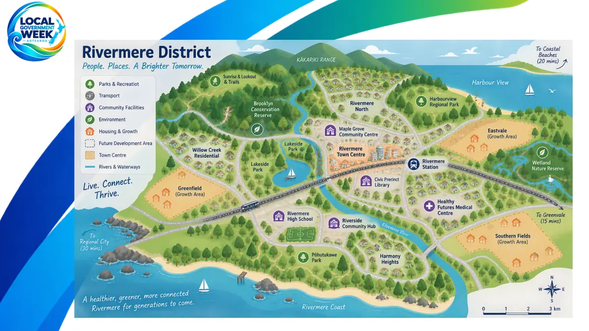 Illustrated map of the example community Rivermere District, with parks, housing areas, the town centre, a rail line and the coast.