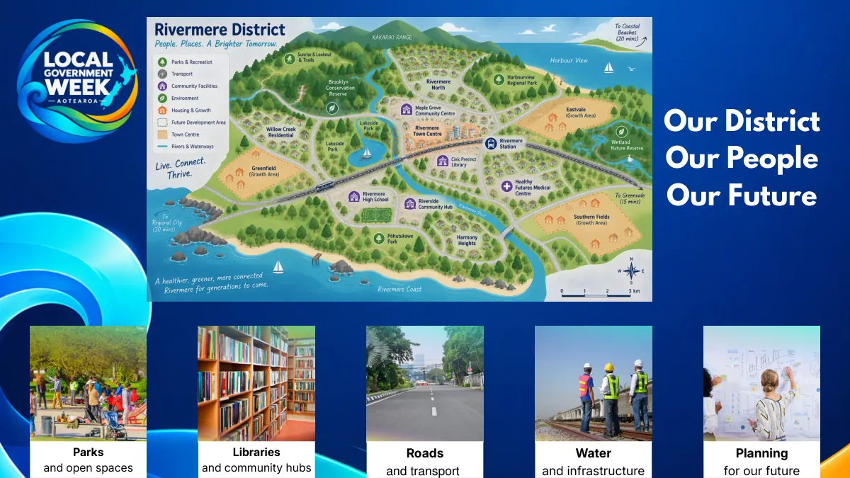 Rivermere District map poster titled Our District, Our People, Our Future, with photos for parks, libraries, roads, water and planning.