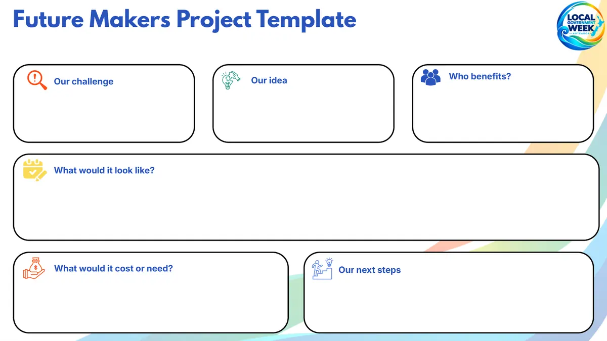 Future Makers project template with blank boxes for the challenge, idea, who benefits, what it would look like, cost, and next steps.