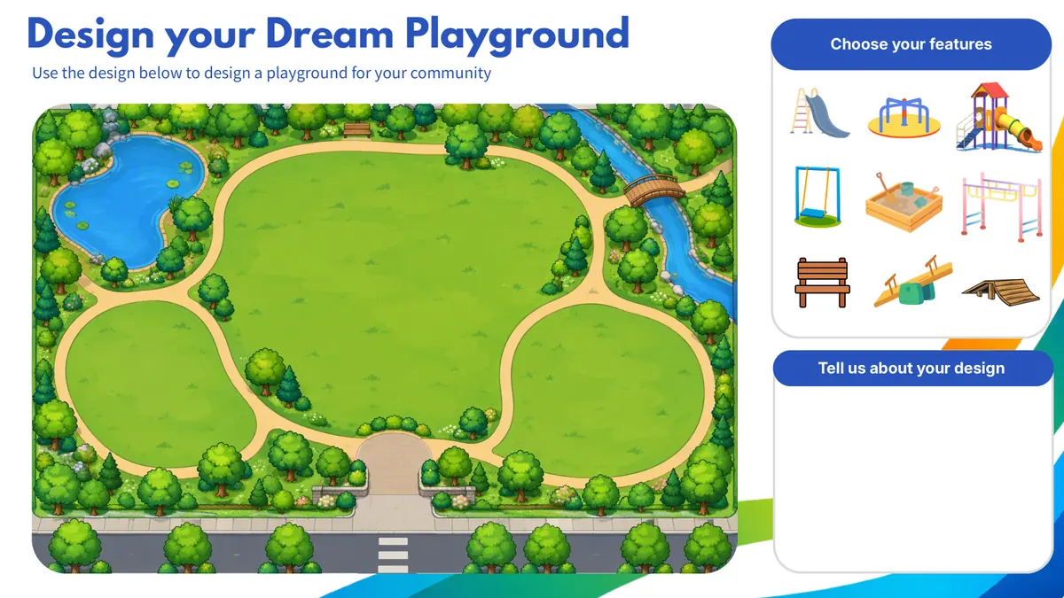 Design your Dream Playground sheet, with a park plan, feature icons, and a blank box to describe the design.