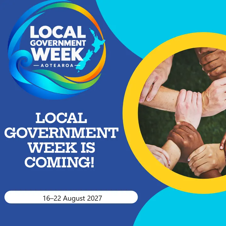 Social post: Local Government Week is coming, with a photo of stacked hands and the date 16–22 August 2027.
