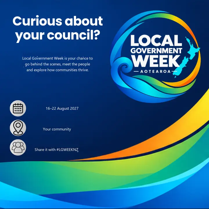 Dark blue social post: Curious about your council? It shows 16–22 August 2027, Your community, and Share it with #LGWEEKNZ.