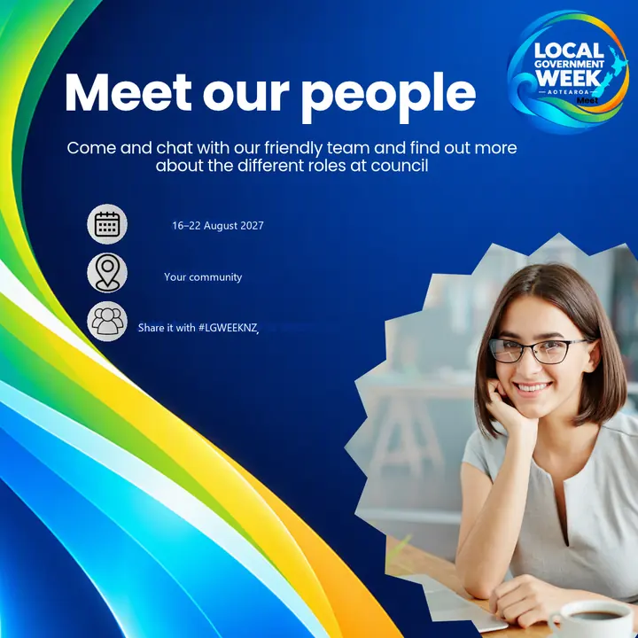 Dark blue social post: Meet our people, with the same invitation. It shows 16–22 August 2027, Your community, and Share it with #LGWEEKNZ.