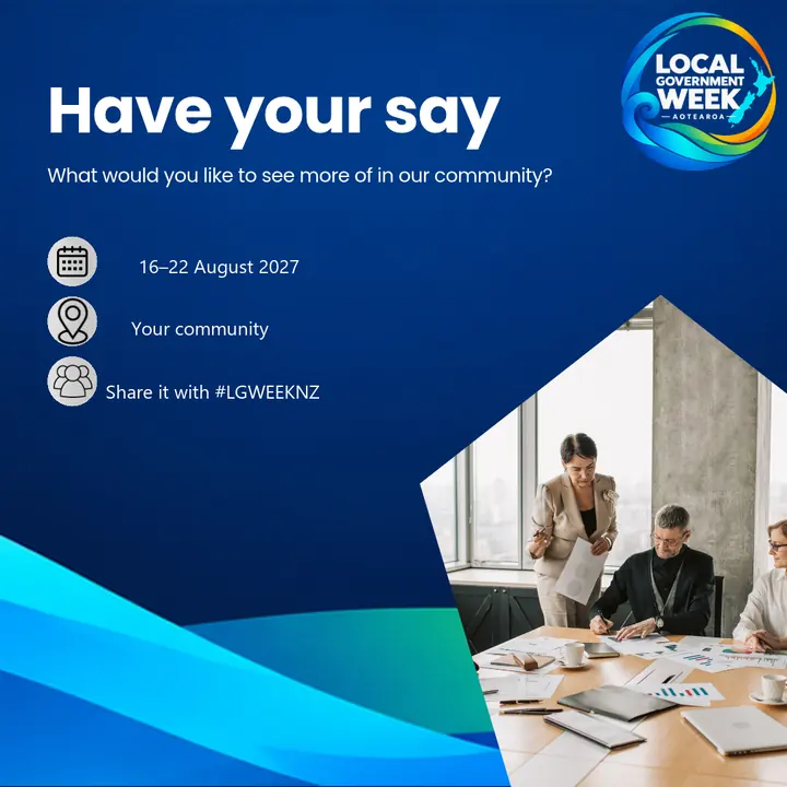 Dark blue social post: Have your say, with a meeting photo. It shows 16–22 August 2027, Your community, and Share it with #LGWEEKNZ.