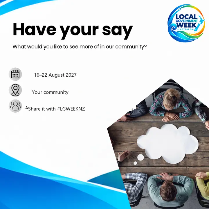 Social post: Have your say. What would you like to see more of in our community? People around a table with a paper thought cloud. It shows 16–22 August 2027, Your community, and Share it with #LGWEEKNZ.