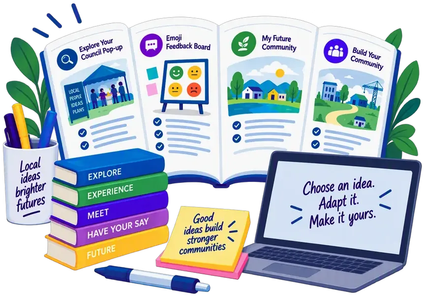 Open booklet beside a stack of books labelled Explore, Experience, Meet, Have Your Say and Future. A note says good ideas build stronger communities. A laptop reads: Choose an idea. Adapt it. Make it yours.